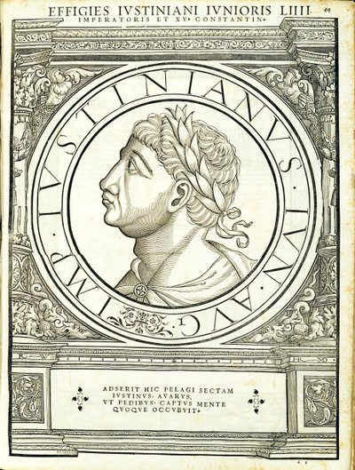 Iustinianus II, illustration de Imperatorum romanorum omnium orientalium et occidentalium verissimae imagines ex antiquis numismatis - Hans Rudolf Manuel Deutsch